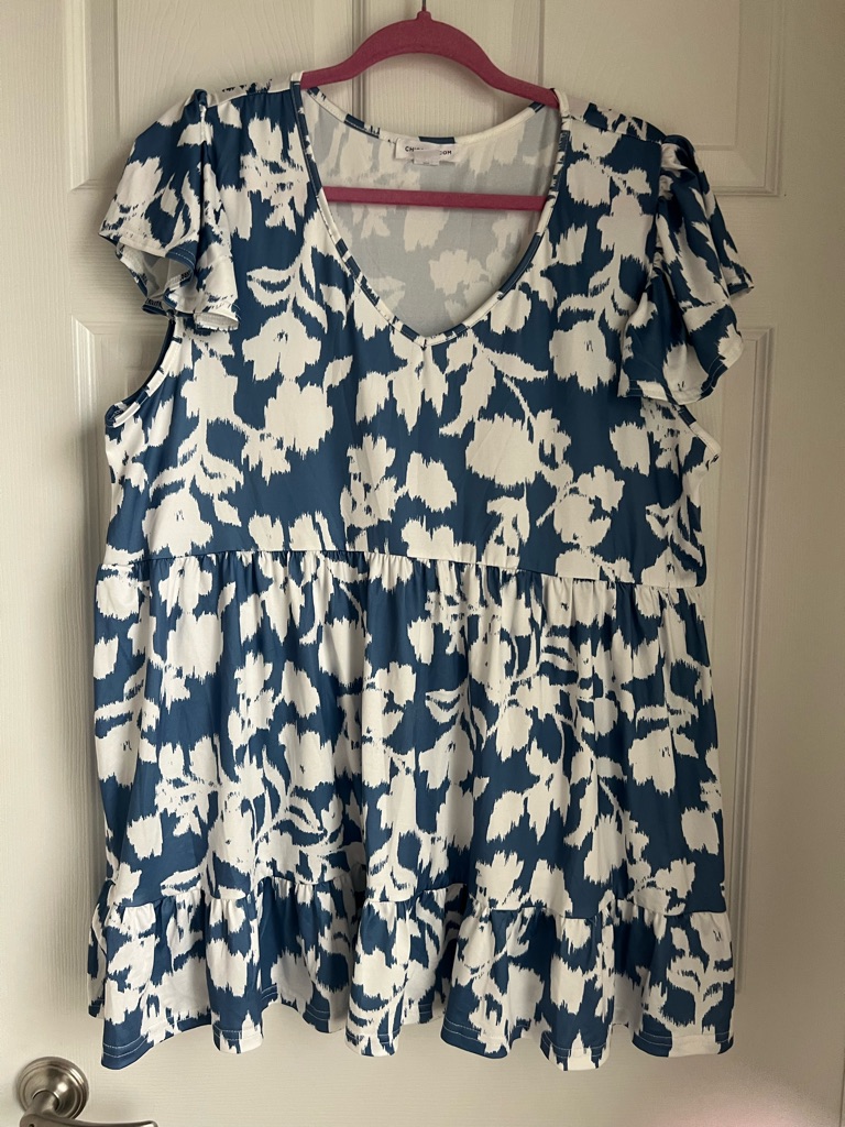 Blue And White Abstract Print Women's Blouse With Ruffle Detail